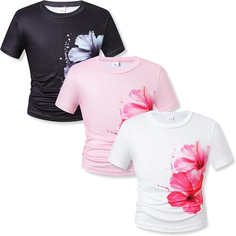 تي شيرت بناتي برسومات مكشكشة وأكمام قصيرة مكون من 3 قمصان صيفية مقاس 7-14 in Kuwait