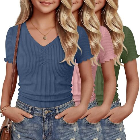 3 Pack Girls Short Sleeve T Shirt Cotton Ribbed Knit Lettuce Trim Cinched V Neck Tops 5-14 Years Casual Basic Tee in Saudi Arabia