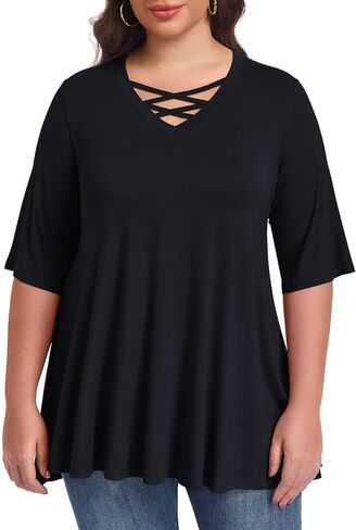 LARACE Elbow Sleeve Cross-Tie V-Neck Plus Size Tops for Women's Half Sleeves Tunic Shirts Blouse Spring Summer Fall Clothes in Saudi Arabia