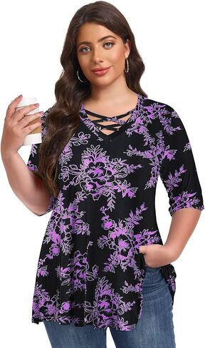 LARACE Elbow Sleeve Cross-Tie V-Neck Plus Size Tops for Women's Half Sleeves Tunic Shirts Blouse Spring Summer Fall Clothes in Saudi Arabia