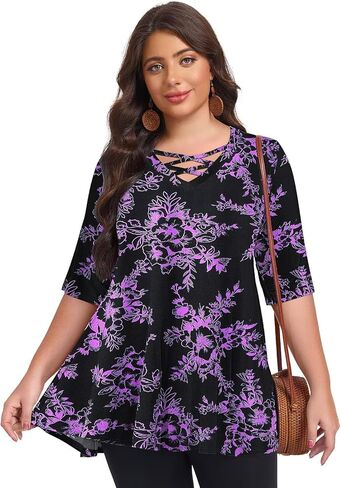 LARACE Elbow Sleeve Cross-Tie V-Neck Plus Size Tops for Women's Half Sleeves Tunic Shirts Blouse Spring Summer Fall Clothes in Saudi Arabia