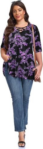 LARACE Elbow Sleeve Cross-Tie V-Neck Plus Size Tops for Women's Half Sleeves Tunic Shirts Blouse Spring Summer Fall Clothes in Saudi Arabia