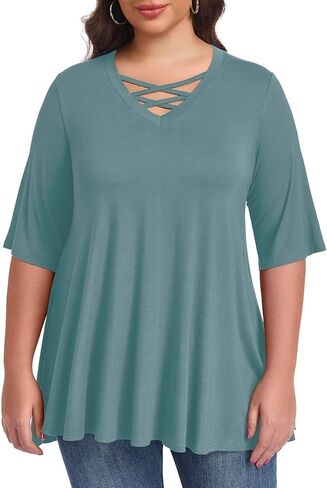 LARACE Elbow Sleeve Cross-Tie V-Neck Plus Size Tops for Women's Half Sleeves Tunic Shirts Blouse Spring Summer Fall Clothes in Saudi Arabia