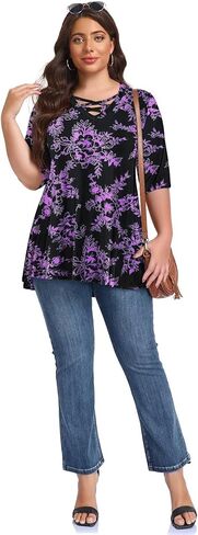 LARACE Elbow Sleeve Cross-Tie V-Neck Plus Size Tops for Women's Half Sleeves Tunic Shirts Blouse Spring Summer Fall Clothes in Saudi Arabia