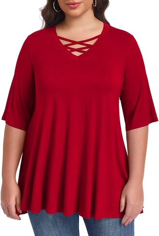 LARACE Elbow Sleeve Cross-Tie V-Neck Plus Size Tops for Women's Half Sleeves Tunic Shirts Blouse Spring Summer Fall Clothes in Saudi Arabia