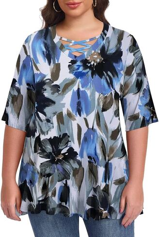 LARACE Elbow Sleeve Cross-Tie V-Neck Plus Size Tops for Women's Half Sleeves Tunic Shirts Blouse Spring Summer Fall Clothes in Saudi Arabia