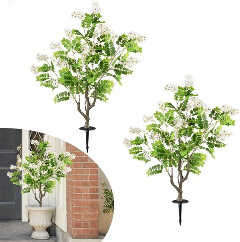 Goplus 2 Pack Artificial Locust Flower Trees, 39" Fake Evergreen Shrubs with Ground Spikes, Sophora Japonica Blossoms, Sun-Proof Indoor & Outdoor Faux Silk Plants for Home Garden Decoration in Saudi Arabia