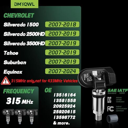 315 ميجا هرتز TPMS مبرمج مسبقًا متوافق مع تشيفي سيلفرادو 1500/2500/3500 (2007-2019) | الاعتدال (2007-2024) | تاهو (2007-2019) | سوبربان (2007-2019); مستشعر ضغط الإطارات #13598771 4 قطع in Kuwait