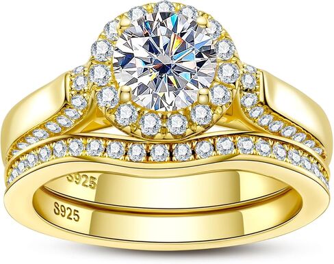 Idocare مويسانيتي هالو مجموعة خواتم الزفاف للنساء D اللون VVS1 قطع دائري 14K الذهب الأصفر مطلي 925 الفضة الاسترليني in Kuwait