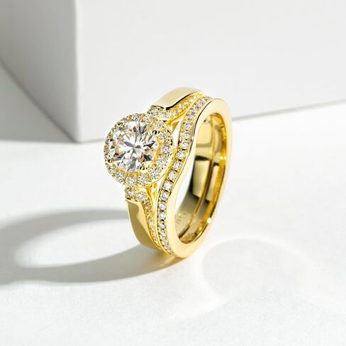 Idocare مويسانيتي هالو مجموعة خواتم الزفاف للنساء D اللون VVS1 قطع دائري 14K الذهب الأصفر مطلي 925 الفضة الاسترليني in Kuwait