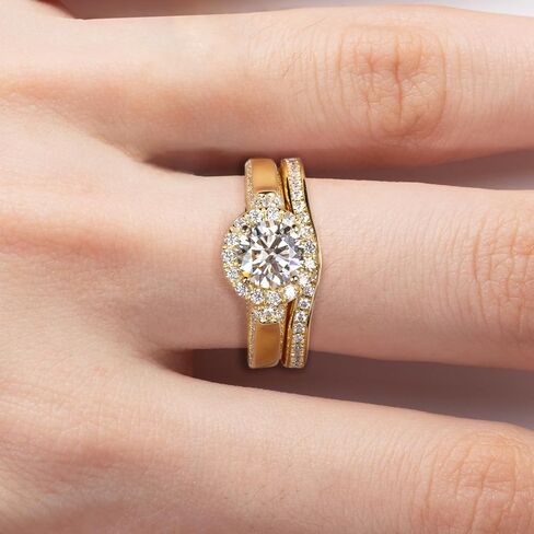 Idocare مويسانيتي هالو مجموعة خواتم الزفاف للنساء D اللون VVS1 قطع دائري 14K الذهب الأصفر مطلي 925 الفضة الاسترليني in Kuwait