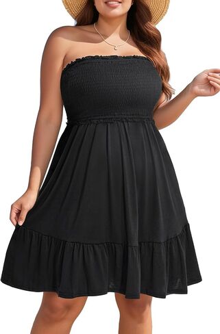 ملابس السباحة النسائية ذات الحجم الكبير من Pinup Fashion، فستان الشاطئ مكشكش بدون حمالات مع جيوب in Saudi Arabia