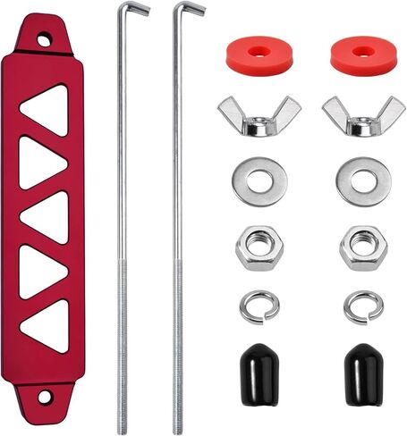 Battery Hold Down Kit, Aluminum Alloy Battery Tie Down Mount Bracket, Batterys Hold Down Bracket with J Bolts, Universal 8.5" Triangular Five-Hole Car Batterys Holder Kit(Red in Saudi Arabia