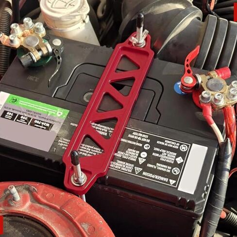 Battery Hold Down Kit, Aluminum Alloy Battery Tie Down Mount Bracket, Batterys Hold Down Bracket with J Bolts, Universal 8.5" Triangular Five-Hole Car Batterys Holder Kit(Red in Saudi Arabia