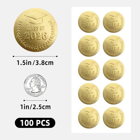 100 x Gold Foil Embossed Class of 2026 Stickers, Graduation Embossed Raised Sticker, Grad Party Embossing Seal Label, Metallic Seal, 1.5 inch (Gold Embossed) in Kuwait