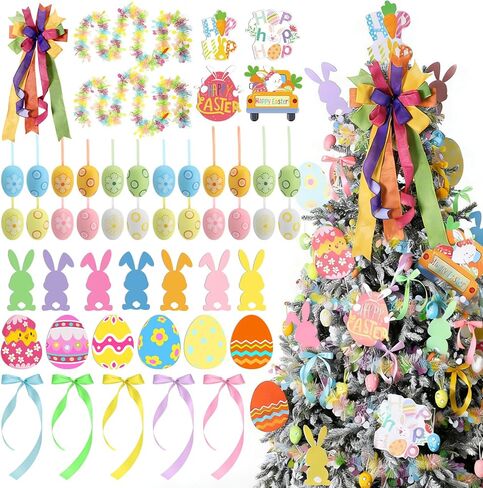 Liliful 55 Pcs Easter Tree Decoration Set Eggs Ornaments Bunny Ear Carrots Picks Fur Rabbit Ear Tree Topper 19.8 ft Glitter Tinsel Spring Garland Ribbon Bows for Easter House Office Spring Party Decor in Saudi Arabia