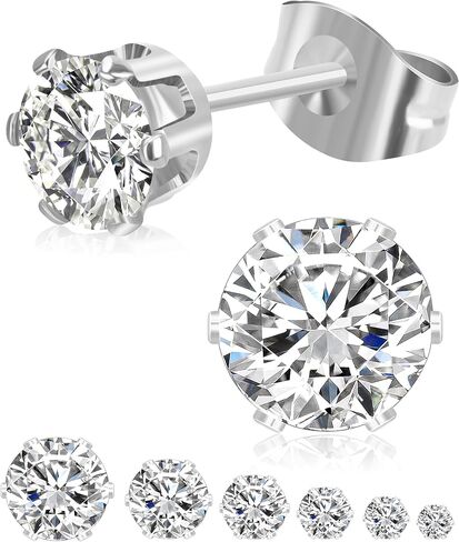 6 Pairs Stud Earrings Set, Hypoallergenic Cubic Zirconia Earrings, Silver 14K Gold Plated 316L Stainless Steel CZ Earring for Women Men 3-8mm in Saudi Arabia