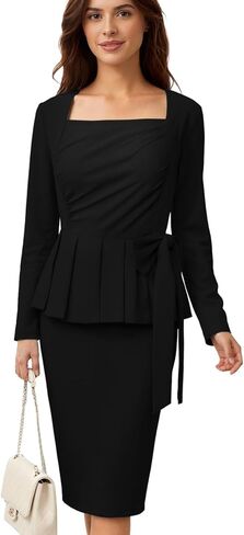 Women's Pleated Work Long Sleeve Bow Knot Bodycon Dress Square-Neck Fited Office Business Casual Midi Pencil Dresses in Saudi Arabia