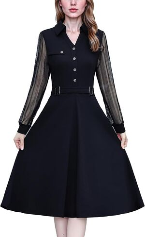 LAI MENG FIVE CATS Women's Vintage V-Neck Midi Dresses with Pockets Collared Long Sleeve Black Dress in Saudi Arabia