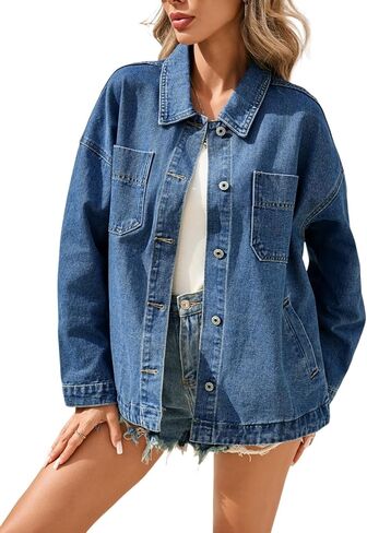 سترة LifeShe Denim للنساء بأزرار سفلية من الجينز وسترة كبيرة الحجم مع جيوب in Kuwait