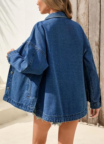 سترة LifeShe Denim للنساء بأزرار سفلية من الجينز وسترة كبيرة الحجم مع جيوب in Kuwait
