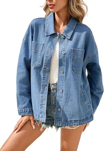 LifeShe Denim Jacket for Women Button Down Jean Jacket Oversized Shacket with Pockets in Saudi Arabia