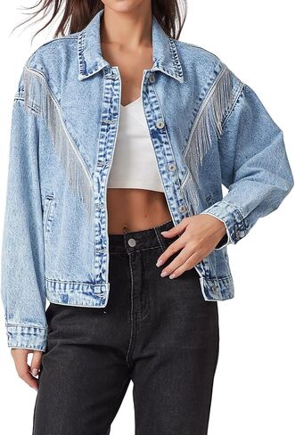 سترة نسائية من قماش الدنيم مهدب من SCOFEEL سترات جينز كبيرة الحجم بشرابة سباركلي 2026 ملابس الحفلات الموسيقية في الريف الغربي in Kuwait