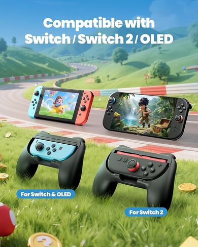 قبضة وحدة التحكم متوافقة مع Switch 2/Switch/Joy-Con 1&2، مجموعة مقابض مريحة مع محولات، مريحة لملحقات الألعاب لفترة طويلة، هدايا مثالية للعائلة والأطفال البالغين in Kuwait