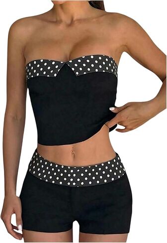Verdusa Women's 2 Piece Bandeau Swimsuits Polka Dots Tube Top with Fold Over Shorts in Saudi Arabia