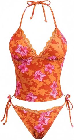 Verdusa Women's Boho Floral Tankini Modest Swimsuits Lace Tie Back Halter Tops with Thong Beach Bikini Set in Saudi Arabia