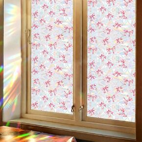 Pink Bow Window Privacy Film 3D Stained Glass Rainbow Decal Coquette & Preppy Non-Adhesive Static Cling Sticker Decor for Women Girls Bathroom Bedroom Kitchen 16.5 x 78.7 Inch in Kuwait