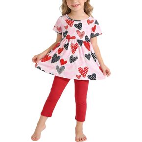 طقم سراويل للفتيات الصغيرات طقم ملابس قلوب الحب طقم فستان مكشكش وسروال طقم ملابس 3-8 سنوات in Kuwait