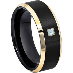 0.05ctw - 0.10ctw Princess Cut Blue Topaz Birthstone Cobalt Ring - Matte Black & Yellow Gold IP Beveled Edge Cobalt Mens Wedding Band - November Birthstone Ring in Saudi Arabia