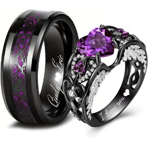 مجموعة خواتم زوجين محفورة خصيصًا له ولها خواتم خطوبة على شكل قلب أرجواني للنساء والرجال خاتم زفاف من التنغستن المطابق لصديقها وصديقتها مجموعة مجوهرات الزوجين in Kuwait