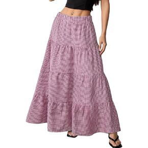 Women's Plaid Maxi Skirt A-Line Ruffle Tiered Elastic High Waist Pleated Y2K Flowy Long Skirts in Saudi Arabia