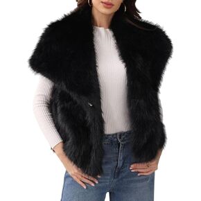 سترة نسائية من ALSOGO مصنوعة من الفرو الصناعي وياقة طية صدر السترة بدون أكمام وسترة غامضة ومعاطف شتوية ملابس خارجية منفوشة مع جيوب in Kuwait