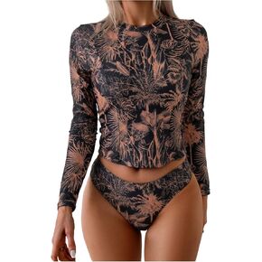 GORGLITTER Women's Long Sleeve Swimsuit Graphic Rash Guard Swim Shirt Surf Swimwear 2 Piece Bikini Sets in Saudi Arabia
