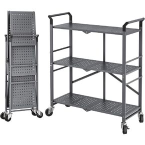 3 Tier Utility Carts - Folding Metal Rolling Cart with Wheels for Kitchen Office Garage Storage, Grey in Kuwait