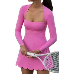 Womens Tennis Dress Solid Color Lace Collar Long Sleeve Mini Exercise High-Waisted A-line Athletic Dresses in Kuwait