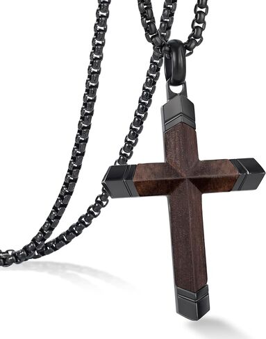 قلادة صليب خشبية للرجال مع سلسلة صندوقية قابلة للتعديل من الفولاذ المقاوم للصدأ للرجال قلادات متقاطعة مجوهرات دينية هدايا للرجال in Saudi Arabia
