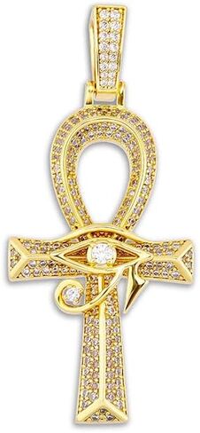 Solid Gold over S925 Sterling Silver Eye of Horus Ankh Cross Pendant, Egyptian Style Moissanite Chain, Mystical Mens Necklace in Kuwait