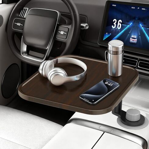360° Rotation Car Desk for Laptop, Height-Adjustable Cup Holder Table, Wooden Car Food Tray & Laptop Mount Compatible with Tesla Model Y/3/S, Ford F150/Explorer/Maverick & Most Vehicles (Dark Walnut) in Saudi Arabia