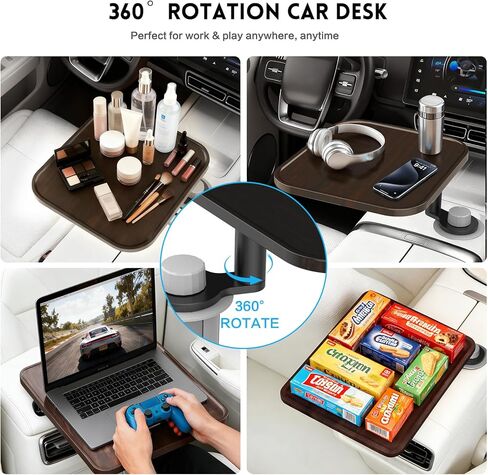 360° Rotation Car Desk for Laptop, Height-Adjustable Cup Holder Table, Wooden Car Food Tray & Laptop Mount Compatible with Tesla Model Y/3/S, Ford F150/Explorer/Maverick & Most Vehicles (Dark Walnut) in Saudi Arabia