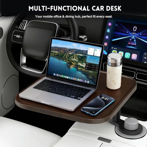 360° Rotation Car Desk for Laptop, Height-Adjustable Cup Holder Table, Wooden Car Food Tray & Laptop Mount Compatible with Tesla Model Y/3/S, Ford F150/Explorer/Maverick & Most Vehicles (Dark Walnut) in Saudi Arabia
