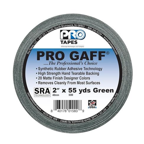 ProTapes Pro Gaff Premium Matte Cloth Gaffer's Tape With Rubber Adhesive, 11 mils Thick, 55 yds Length, 2" Width, Green (Pack of 1) in Kuwait