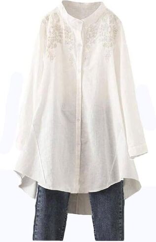 قميص نسائي من القطن والكتان من Minibee، بلوزة مطرزة بأزرار سفلية وأكمام طويلة in Kuwait