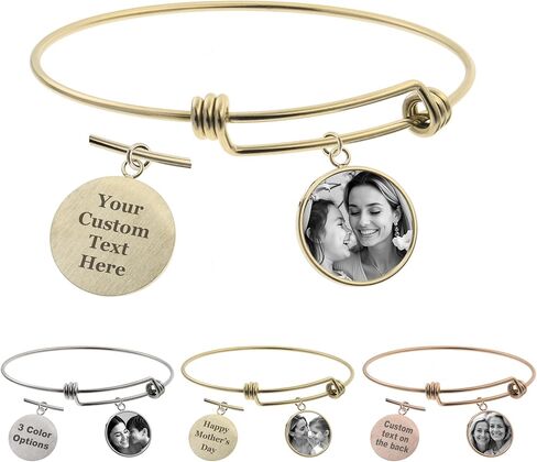 Personalized Photo Text Engrave Custom Message Picture Dangle Charm Adjustable Wire Bangle Bracelet Family Friend Inspirational Gift in Saudi Arabia