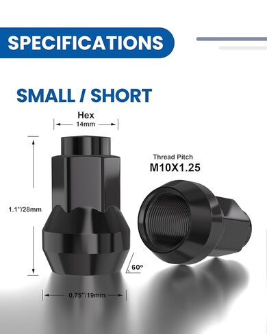 GAsupply 10x1.25 ATV Lug Nuts 14mm Hex, 10x1.25mm Closed End Acorn Tuner Black Lug Nut 1.2" 30mm Tall Conical Seat 60 Degree for Aftermarket Wheels, 16 Pcs in Kuwait