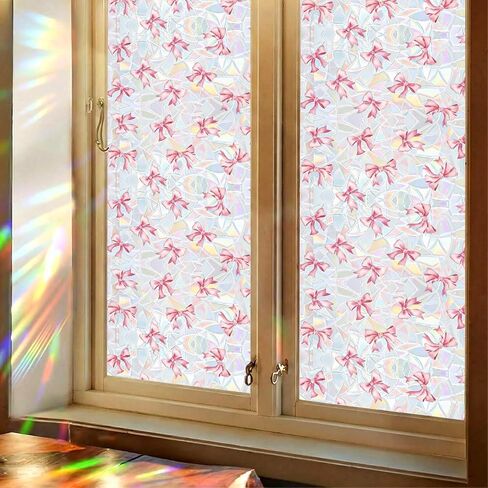 Pink Bow Window Privacy Film 3D Stained Glass Rainbow Decal Coquette & Preppy Non-Adhesive Static Cling Sticker Decor for Women Girls Bathroom Bedroom Kitchen 16.5 x 78.7 Inch in Kuwait