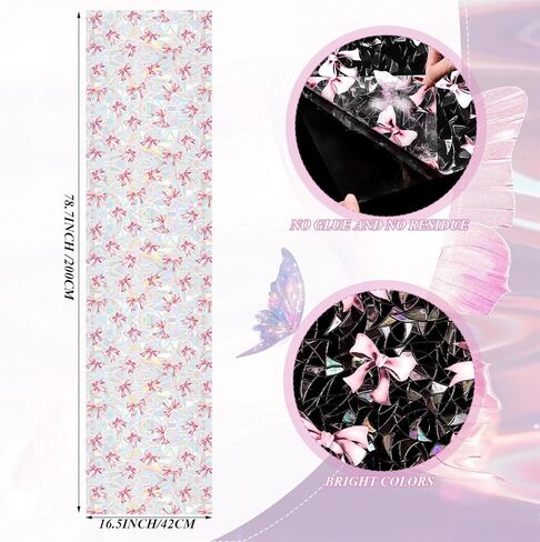 Pink Bow Window Privacy Film 3D Stained Glass Rainbow Decal Coquette & Preppy Non-Adhesive Static Cling Sticker Decor for Women Girls Bathroom Bedroom Kitchen 16.5 x 78.7 Inch in Kuwait